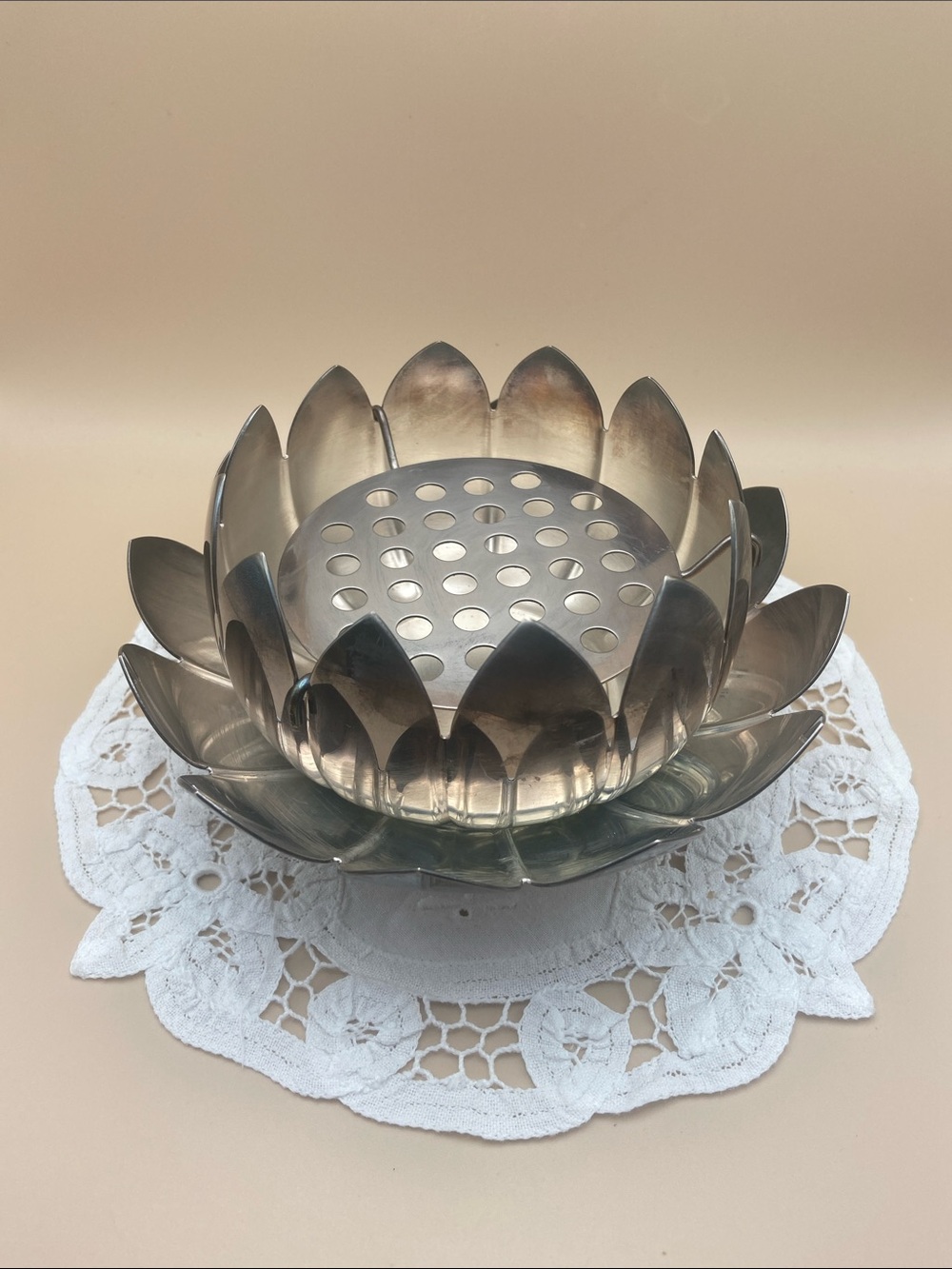 Vintage Reed & Barton Silver Plate 3 Piece Lotus Flower with Frog Bowl
